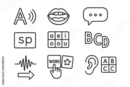 Language learning symbols: phonetics, letters, speech bubbles and hearing icons