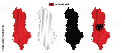 Albania map in various style frames, icons, black color, borders, flag colors. Vector illustration