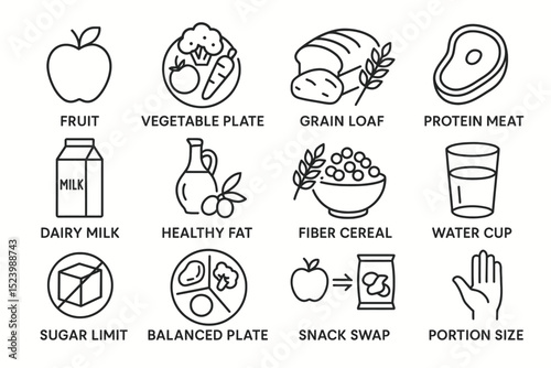 Balanced nutrition icons: fruit, vegetables, grains, proteins, and healthy eating
