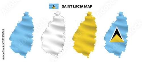 Saint lucia map in various style frames, icons, black color, borders, flag colors. Vector illustration