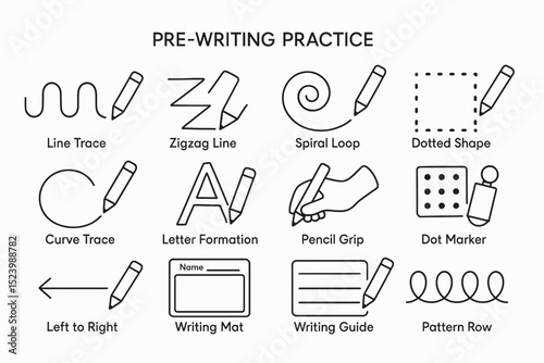 Comprehensive pre-writing practice guide with various tracing and handwriting techniques