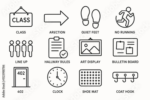 School icons set: class sign, directions, quiet feet, prohibited running, line up, hallway rules