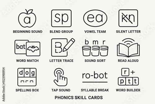 Phonics skill cards for literacy: beginning sounds, blends, and vowels