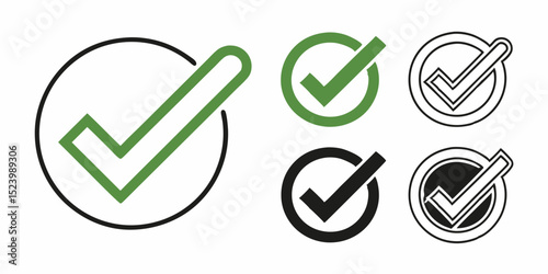 Illustration of multiple check mark icons in various styles and color variations on a white background, vector art