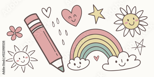 Illustration with a pencil, rainbow, sun, heart, flower, star, cloud and raindrops with smiling faces, vector art