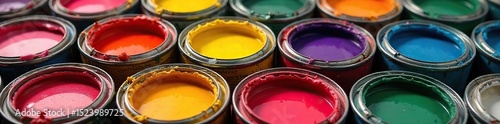 Vibrant array of colorful paint cans in various shades and sizes, ready for a creative project Perfect for DIY, home improvement, or art projects , DIY, spectrum, matte