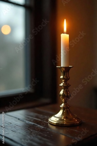 Elegant golden candlestick holder with lit candle, casting a warm glow on a dark wooden surface Perfect for home decor, luxury, ambiance, and romantic settings , cozy, elegant