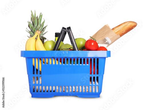 Shopping basket with different food products isolated on white