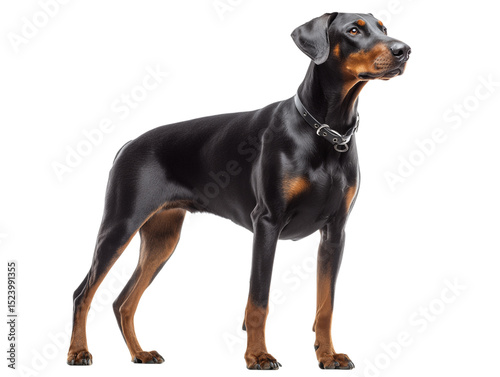 Full-length photo of a Doberman breed dog isolated on a white background