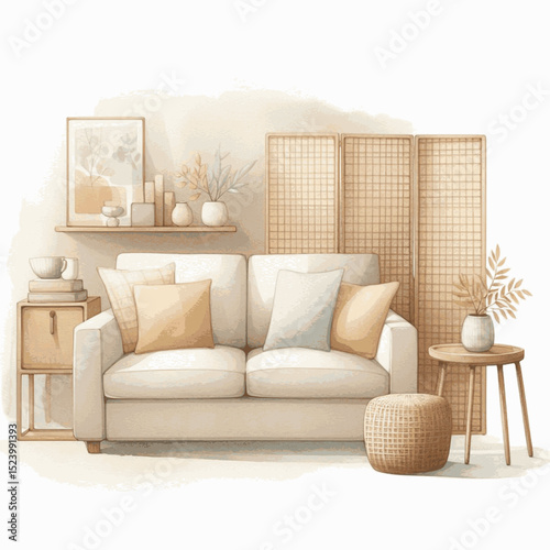 Ficus & Firelight living room isolated watercolor vector illustration svg