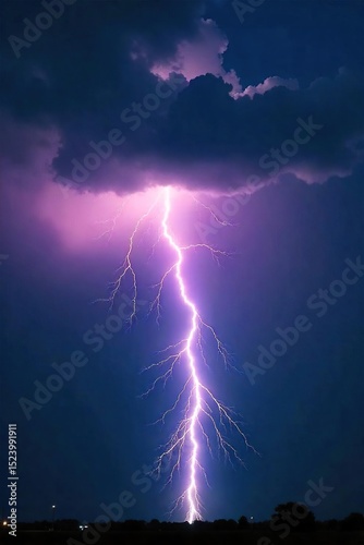 A powerful lightning bolt strikes during a raging thunderstorm, illuminating the dark, stormy sky The dramatic scene showcases the raw power of nature's electricity , illuminated, clouds