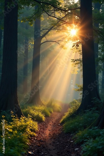 Serene woodland scene at dawn Misty sunlight filters through ancient trees, illuminating a tranquil forest path Perfect for nature, travel, and environmental themes , tranquil, creek