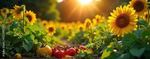 Golden hour sunlight bathes a vibrant summer homestead garden, overflowing with ripe tomatoes, lush herbs, and blooming sunflowers Abundant harvest, idyllic rural scene , rustic, beauty