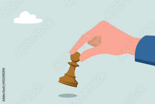 Business strategy concept with hands moving pawns. Illustration of business strategy victory metaphor.