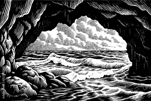 Black and white sketch vector of a coastal cave with ocean waves crashing at the entrance