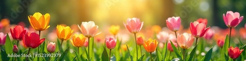 Vibrant spring flowers blooming in a lush garden, bathed in the warm sunlight of a new season Perfect for calendars, websites, and springtime promotions , life, background, green