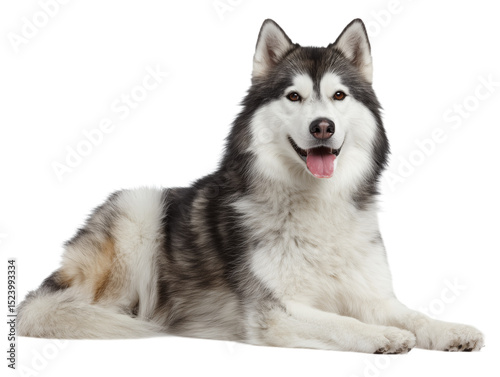 Photo of husky breed dog sitting, isolated on white background