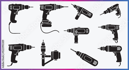 Electric Drill Icons Set Corded and Cordless Power Tools Vector Collection