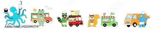 Colorful illustration of food trucks with animals and sea creatures  