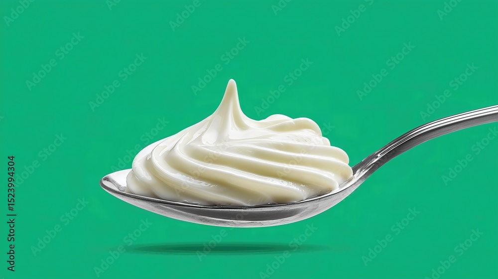 A metal spoon holds a dollop of creamy natural yogurt, isolated on a vibrant green background A metal spoon holds a dollop of creamy natural yogurt, isolated on a vibrant green background
