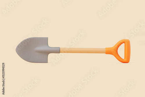 3D Cartoon Shovel with Orange Handle on Beige Background