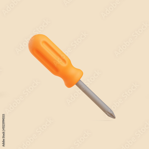 Orange-handled screwdriver isolated on beige background, 3D render