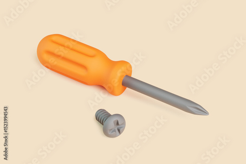 3D screwdriver and screw on beige background, minimal tool concept