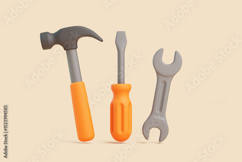 3D hammer, screwdriver, and wrench on beige background, minimal toolkit concept