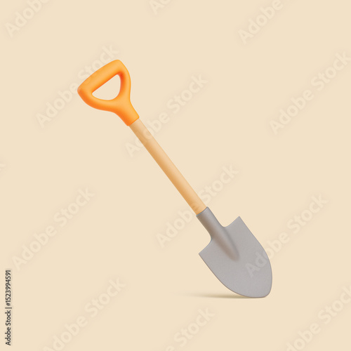 3D Cartoon Shovel Standing Upright on Beige Background