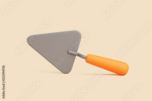 3D triangular trowel with orange handle lying on beige background