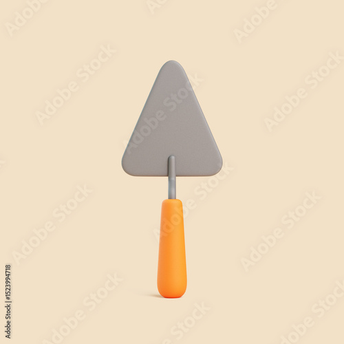 3D triangular trowel with orange handle on beige background
