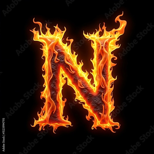 Flaming Letter N Design with Fiery Orange Glow on Dark Background