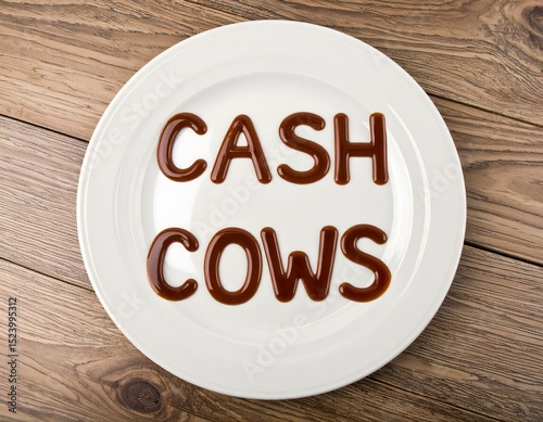 Cash cows written with chocolate sauce on white plate representing investment strategy