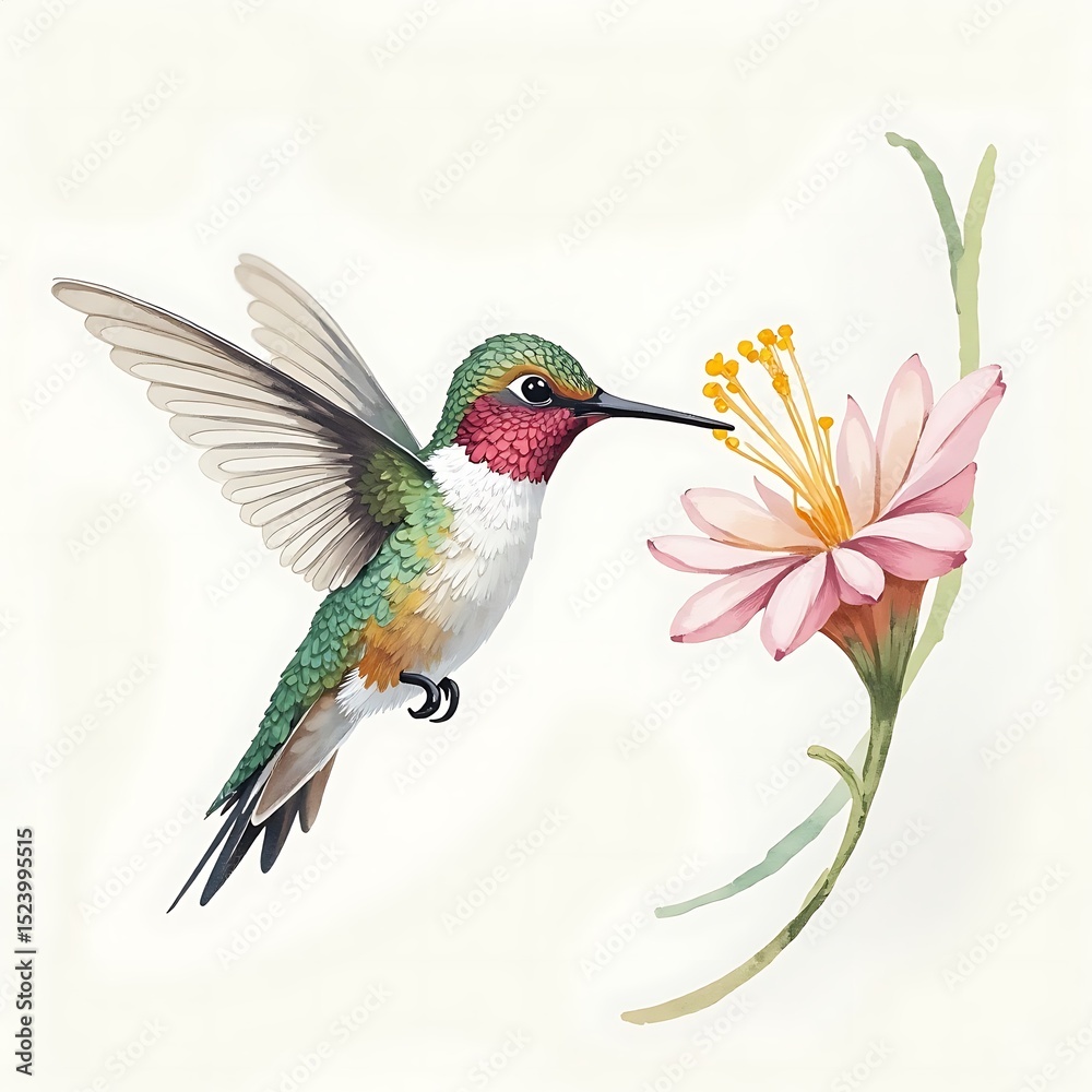 Fototapeta premium Hummingbird Hovering Near Pink Flower Watercolor Style Illustration