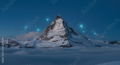 Matterhorn mountain peak amidst clouds and mystical lights