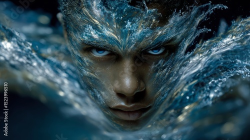 Dramatic Underwater Portrait  Man s Face Emerging from Turquoise Water