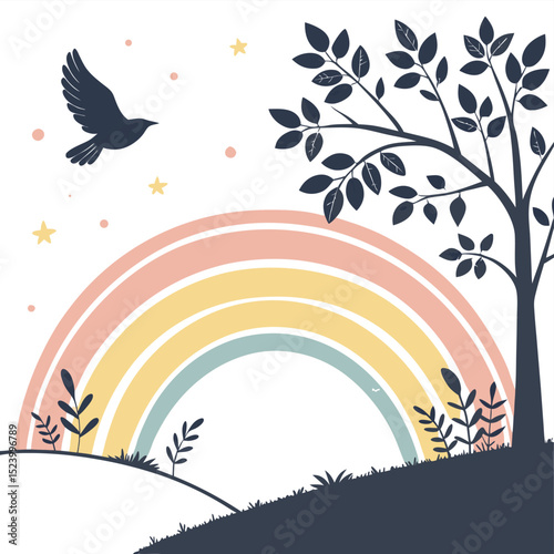 Boho Rainbow Landscape Silhouette Bird
