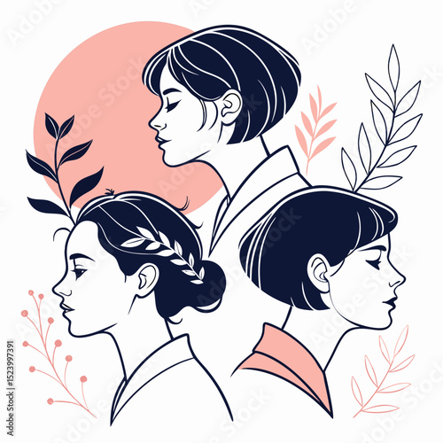 Feminine Art Line Art Women Illustration With Botanic Elements