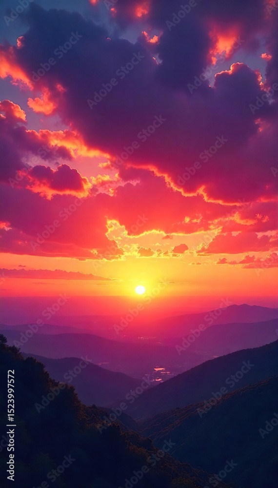 Fototapeta premium Dramatic sunset over a vast, expansive sky filled with vibrant orange, pink, and purple hues Perfect for travel, nature, and inspirational projects , blue hour, scene, landscape