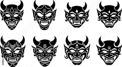 Bold black silhouette of a stylized traditional Sri Lankan devil dance mask featuring exaggerated curves, horns, and teeth, perfectly symmetrical on a white background for cultural and theatrical use