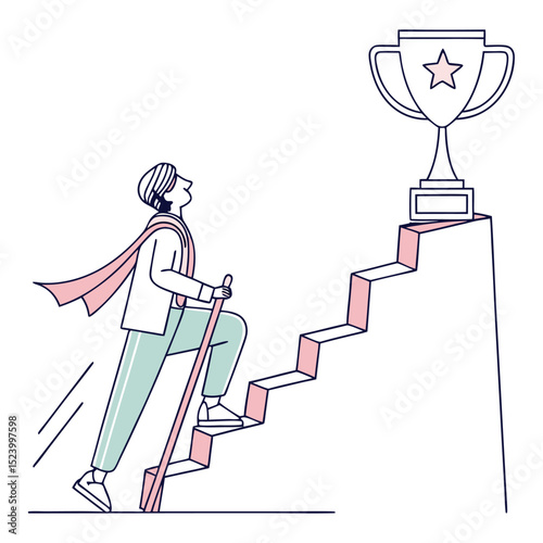 Achieving Goals Businessman Climbing Stairs To Victory Trophy