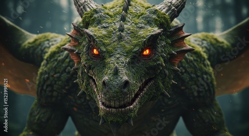 Mosscovered dragon stares fiercely embers floating