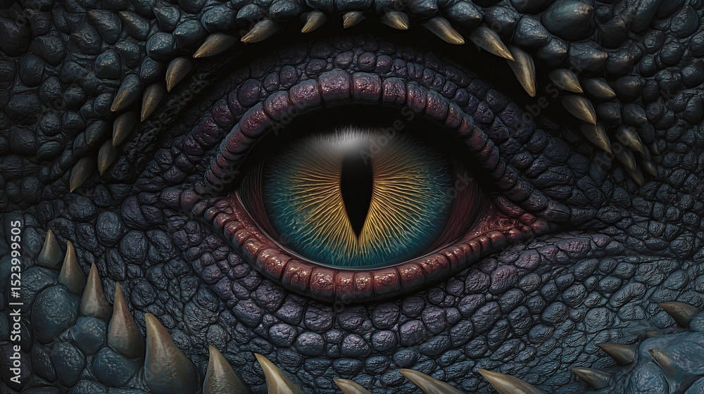 Fototapeta premium A close-up of a dragon’s eye reveals lifelike reptilian scales reflecting a fiery glow.