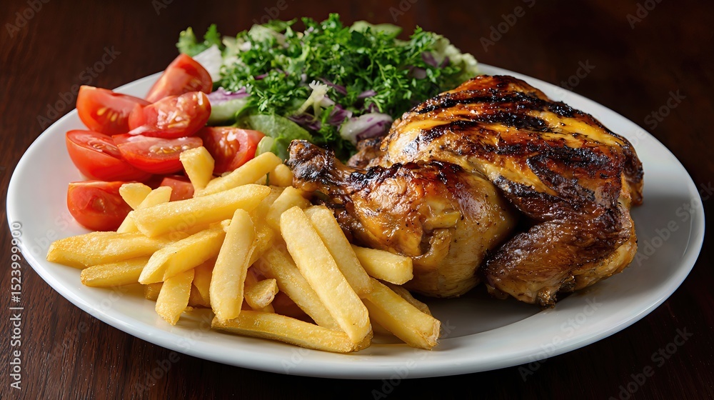 Tender, marinated chicken boasts savory spices, complemented by crisp potatoes and fresh salad for a hearty meal.
Tender, marinated chicken boasts savory spices, complemented by crisp potatoes and fresh salad for a hearty meal.
