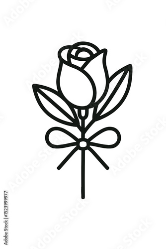 Minimal line art icon of boutonniere rose with ribbon bow and leaves symbolizing formal accessory for weddings and special occasions