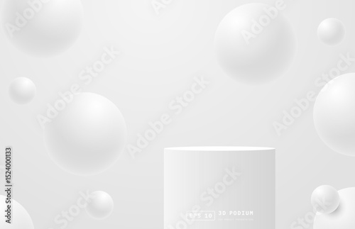 Realistic white 3d cylinder podium pedestal with sphere balls floating. Minimal wall scene for cosmetic display presentation. 3d stage for showcase. Vector geometric platform. 3d vector rendering.