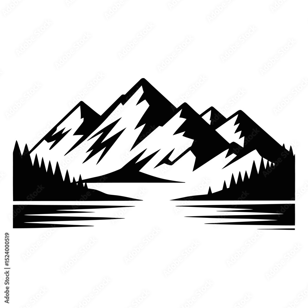 Fototapeta premium Black and White Mountain Landscape Silhouette with Lake and Trees