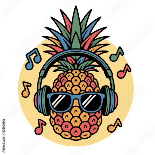 Cool Pineapple with Headphones and Sunglasses Cartoon Illustration