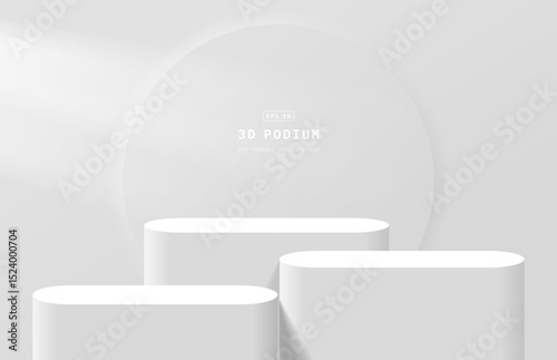 Realistic white 3D round podium with circle background and light shining from left side. Podium scene for product mockup. Vector geometric platform. Minimal wall scene for mockup. 3d vector rendering.
