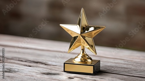 A gleaming gold star trophy stands proudly on a wooden table, symbolizing excellence and achievement.
